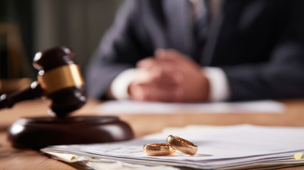 wedding rings and a judge gavel on a desk